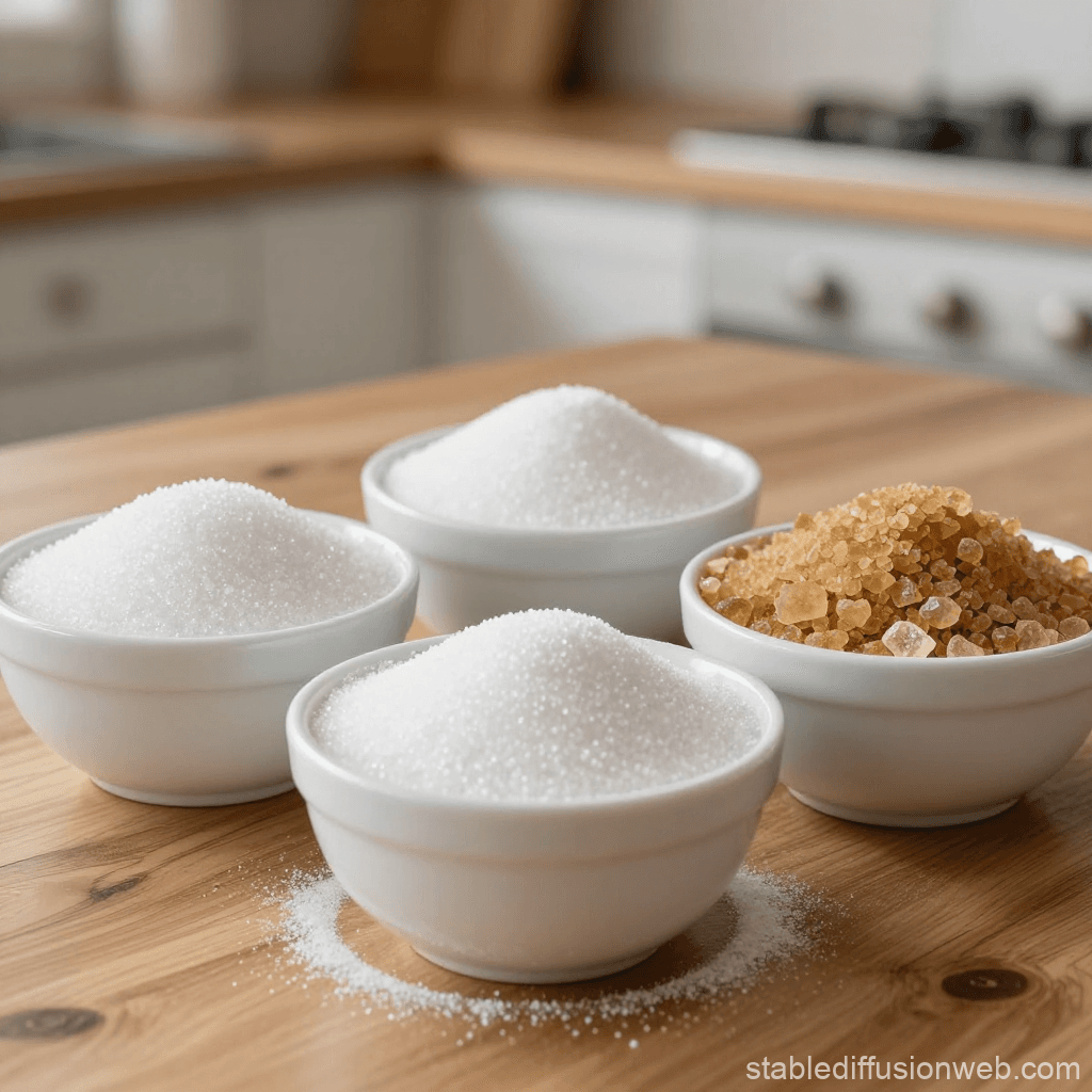Vari tipi di zucchero (semolato, velo, canna) in ciotole di ceramica su piano da lavoro.